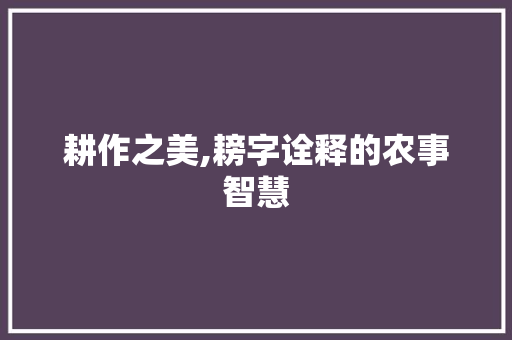 耕作之美,耪字诠释的农事智慧