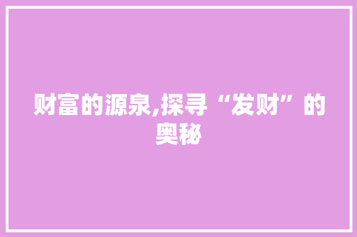 财富的源泉,探寻“发财”的奥秘