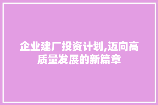 企业建厂投资计划,迈向高质量发展的新篇章