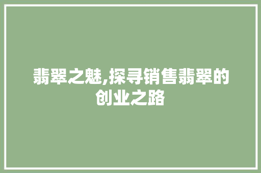 翡翠之魅,探寻销售翡翠的创业之路